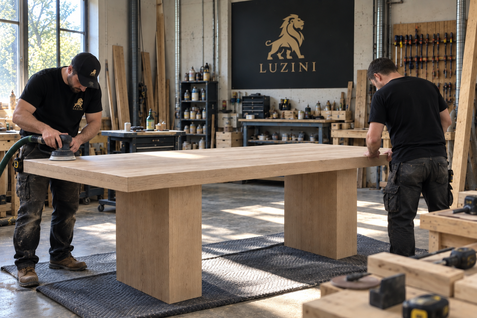 Luzini craftsmen finishing a custom oak table in the Mississauga workshop